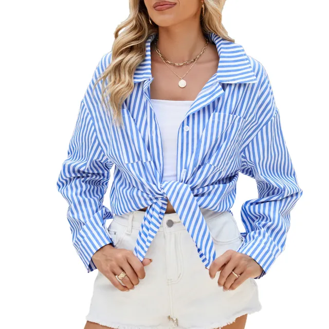 Oversize BF Style Long Sleeve Loose Striped Shirt Blue - Shop at LoveMi