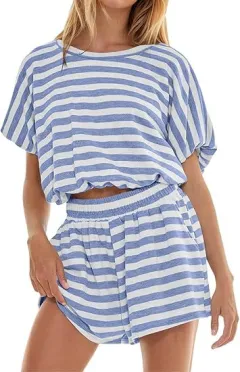 Women's Short Sleeve Striped T-shirt Loose Midriff Outfit Shorts Casual Suit - Sky Blue - View 1