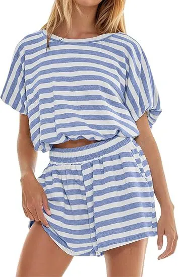 Women's Short Sleeve Striped T-shirt Loose Midriff Outfit Shorts Casual Suit - Sky Blue