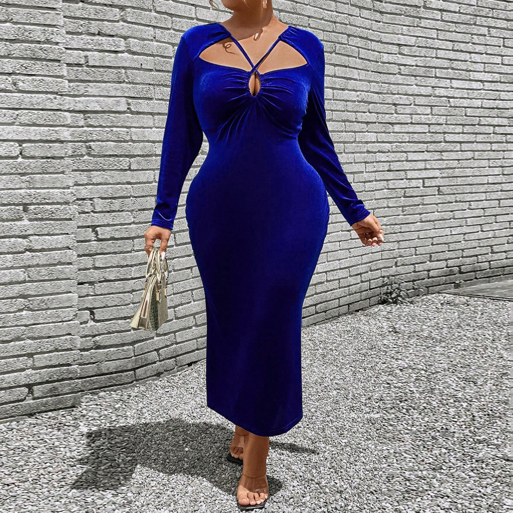 Socialite Style Korean Velvet Blue Enchantress Sexy Temperament Dress