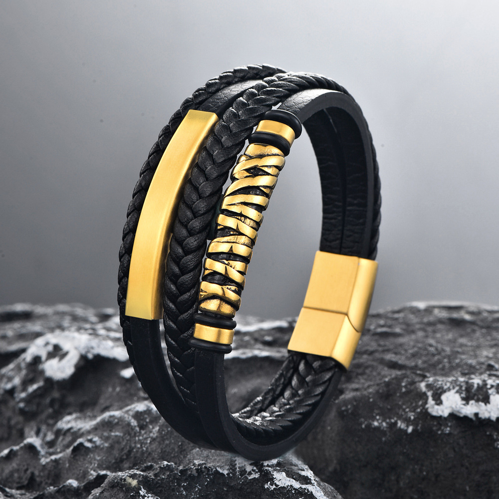 Fashionable Multi-layer Leather And Stainless Steel Bracelet Minimalist Leather Cord Bangle