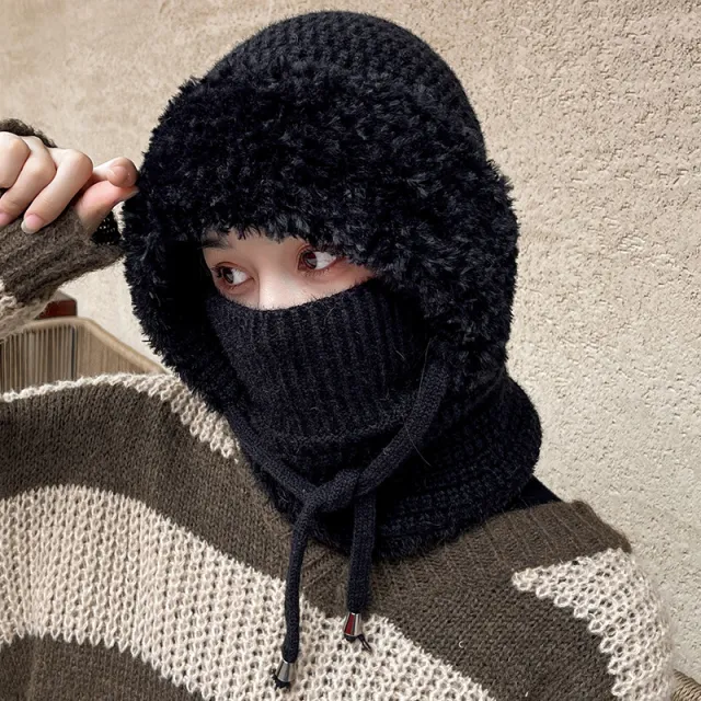 Fleece lined Thickened Knitting Warm Neck Protection Windproof Hat Black - Shop at LoveMi