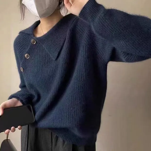 New Irregular Buckle Design Knitted Pullover Top Navy Blue - Shop at LoveMi
