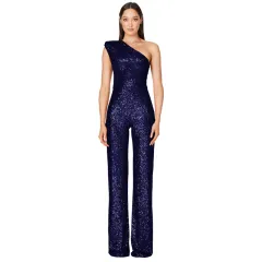 Sleeveless One-shoulder Fashion High Waist Design Sequined Jumpsuit - Dark Blue - View 1