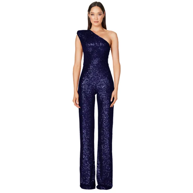 Sleeveless One shoulder Fashion High Waist Design Sequined Jumpsuit Dark Blue - Shop at LoveMi