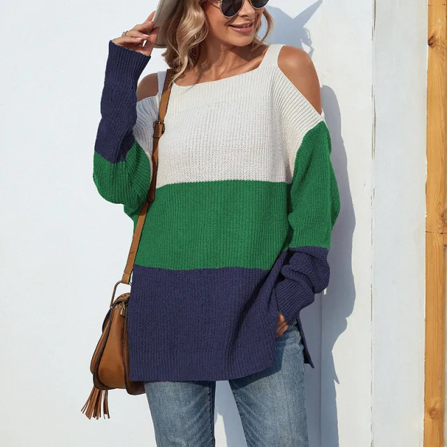 Contrast Color Off the shoulder Split Sling Sweater Green - Shop at LoveMi