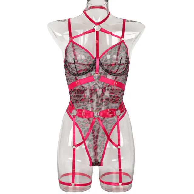 European And American Leopard Print Sheer Mesh Strap Sexy Lingerie With Steel Ring Red - Shop at LoveMi