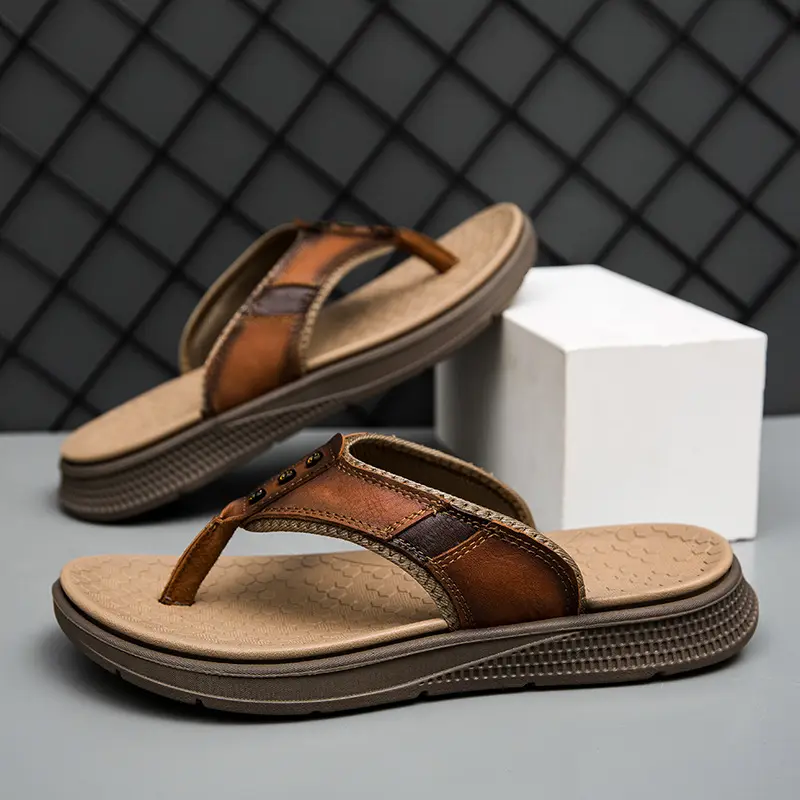 Mens Casual Breathable Full-grain Leather Slippers