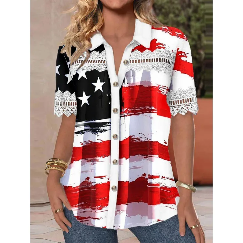 Women's Shirt Lapel 3d Digital Printing - 6 Colors-4Xl