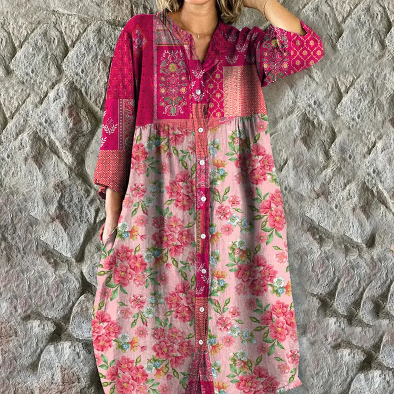 Fashion Sweet Loose Floral Button Dress Women - Floral