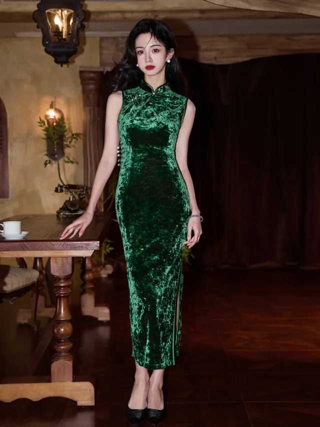 Chinese style Women's Daily Wear Slim Dress Velvet Green - Shop at LoveMi