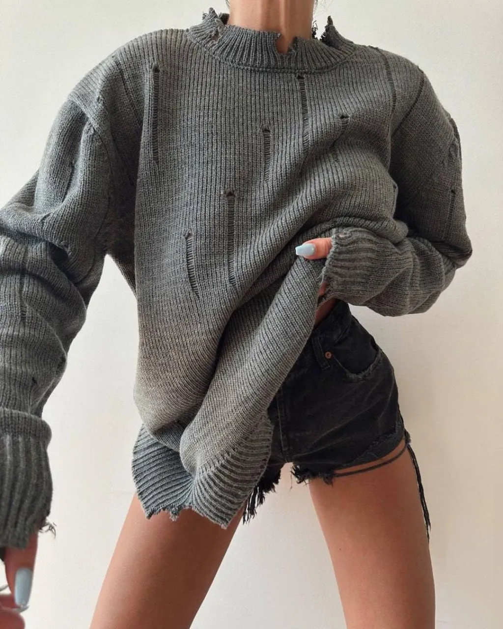 Loose Pullover Top Women's Hand Frayed Round Neck Sweater - Dark Grey