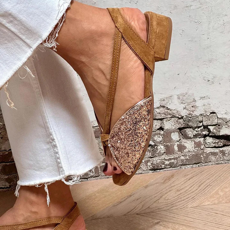 Brown Suede Glitter Embroidered Peep Toe Sandals