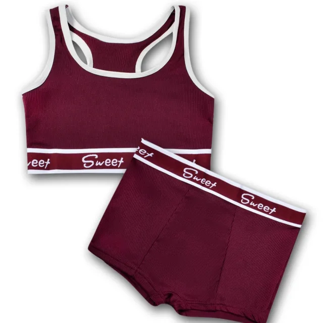 Cotton Wide brimmed Letters Mid Waist Girl Sports Underwear Suit Wine Red - Shop at LoveMi