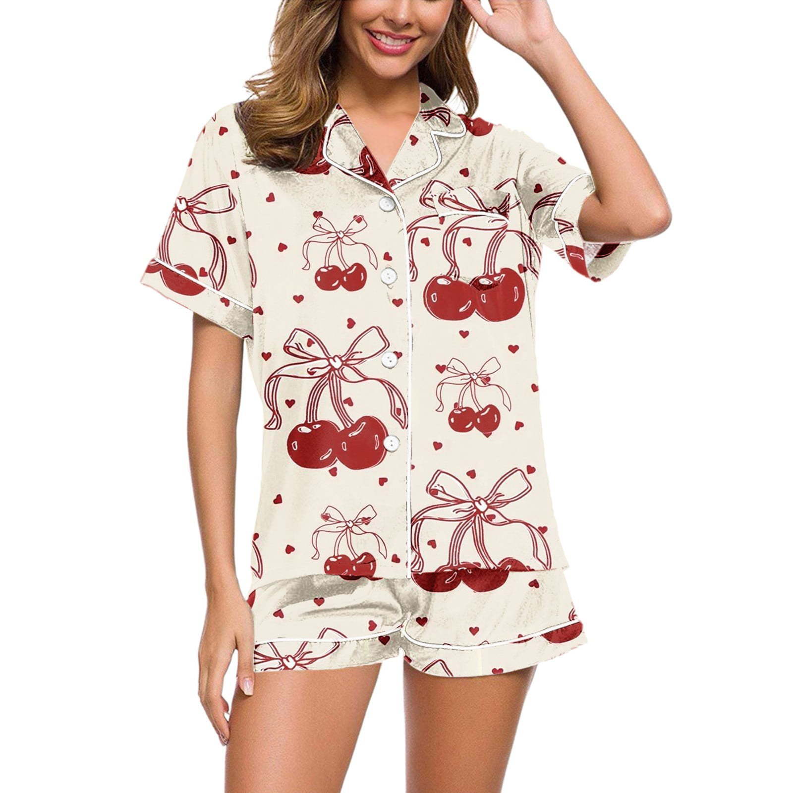 Digital Printing Can Be Outerwear Short sleeved Shorts Suit Women 25 Cherry Bow Xxs - Shop at LoveMi