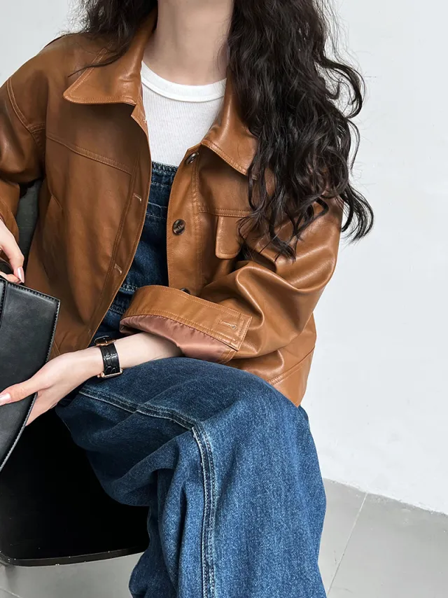 Women's Fall Lapels Motorcycle Short Jacket Sugar Brown - Shop at LoveMi