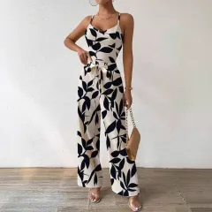 Fashion Floral Print Jumpsuit Elastic Waist Belt Jumpsuit - Black And White - View 1