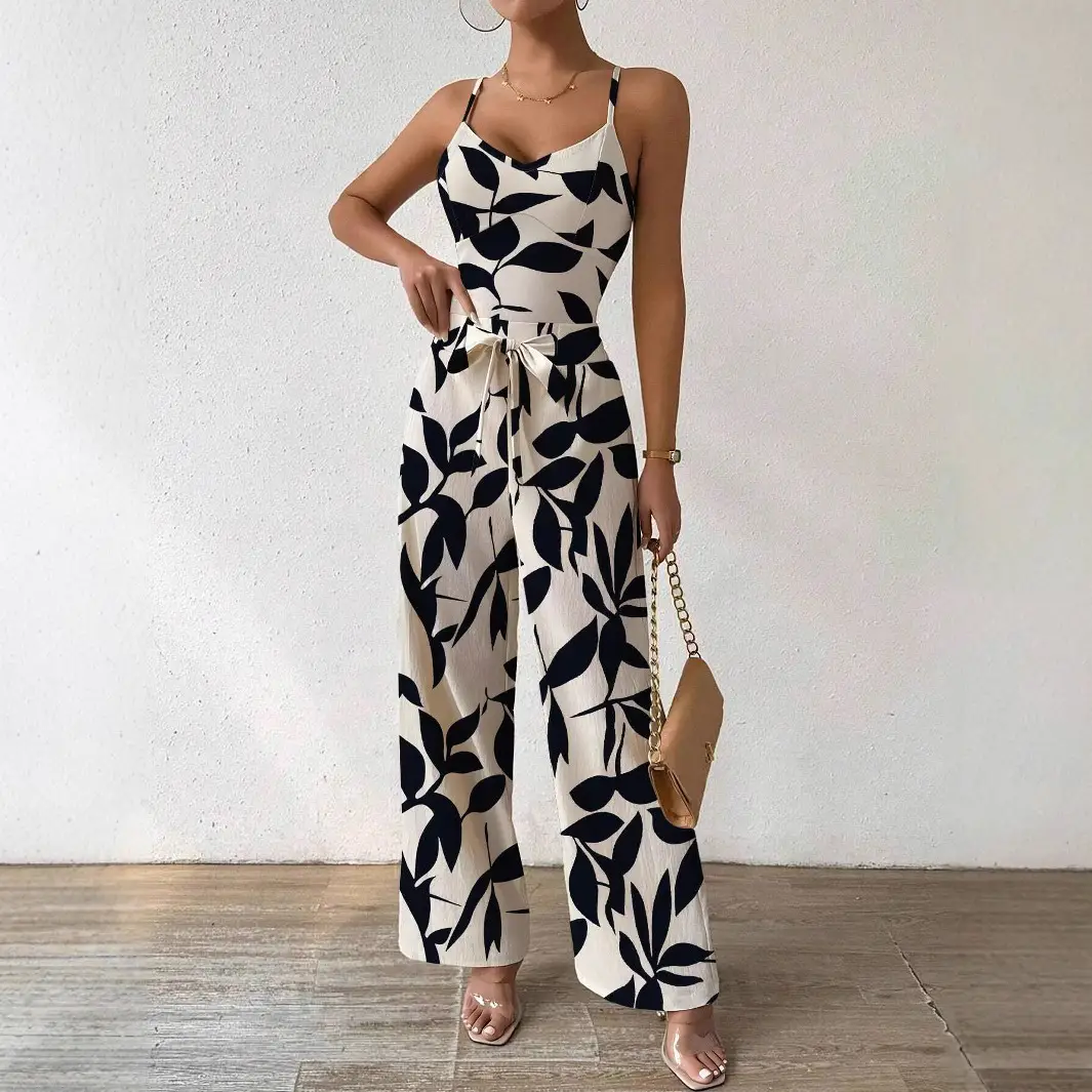 Fashion Floral Print Jumpsuit Elastic Waist Belt Jumpsuit