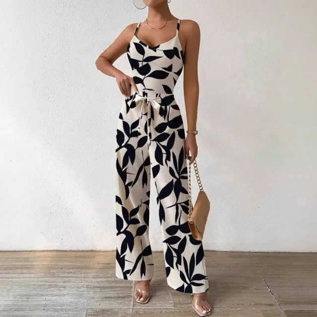 Fashion Floral Print Jumpsuit Elastic Waist Belt Jumpsuit Black And White - Shop at LoveMi
