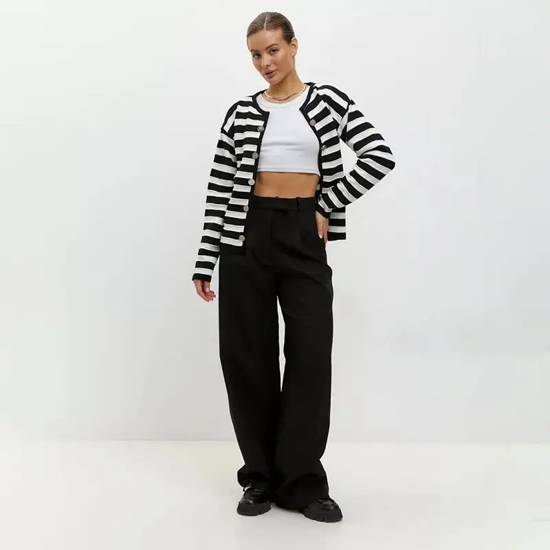 Slim-fit Buckle Striped Knitted Cardigan
