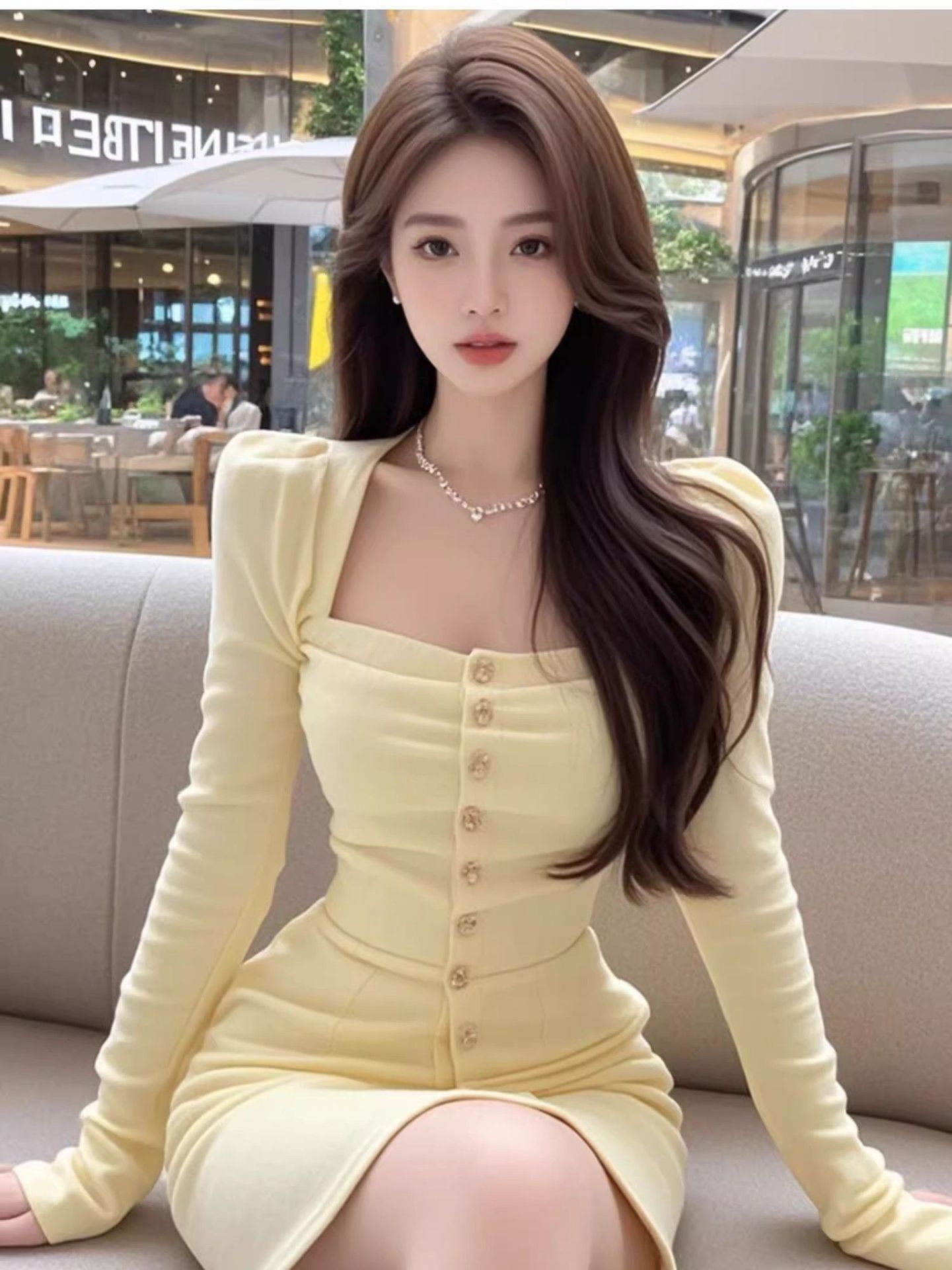 Yellow Mesh Square Neck Long Sleeve Dress with Hood