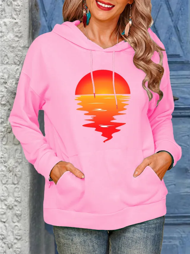 Sun Pattern Printing Hoodie With Drawstrings Sweaters Women's Clothing Pink Hooded - Shop at LoveMi