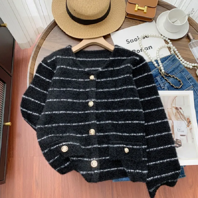 Striped Round Metal Button Faux Pocket Round Neck Sweater - Black