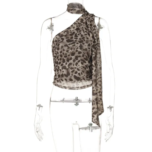 Leopard Print Crossbody Sleeveless Ribbon Short Tight Vest Leopard Print - Shop at LoveMi