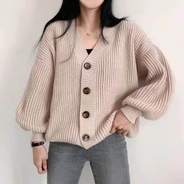 Korean Style V neck Solid Color Dinified Sweater Coat Apricot - Shop at LoveMi