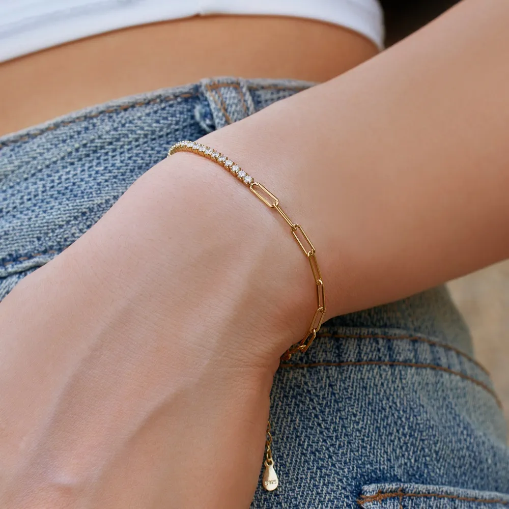 Silver S925 White Round Zirconium Inlaid Tennis Chain Clip Double Design Simple Fashion Bracelet