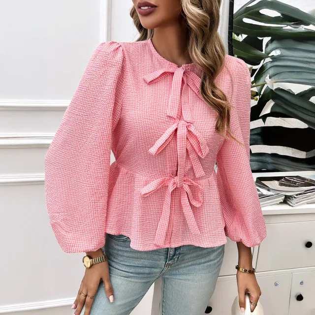 Elegant Design Contrast Color Tied Long Sleeves Shirt Red - Shop at LoveMi