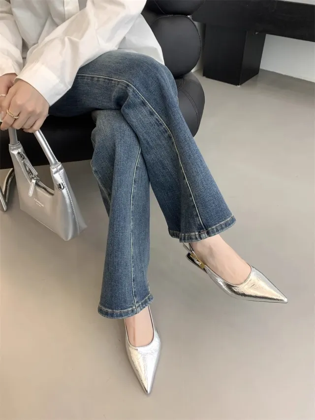 Thin Low Heel Strap Pointed Leather Shoes Silver - Shop at LoveMi