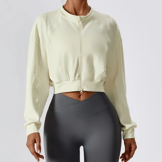 Double Zipper Loose Long Sleeve Sweatershirt Coat Thread Cream - Shop at LoveMi