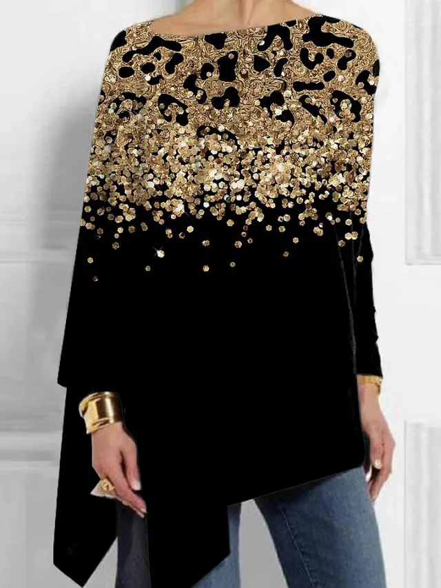 3D Floral Printed Loose Fashion Casual Women's Long Sleeve T shirt Black Line D056 - Shop at LoveMi