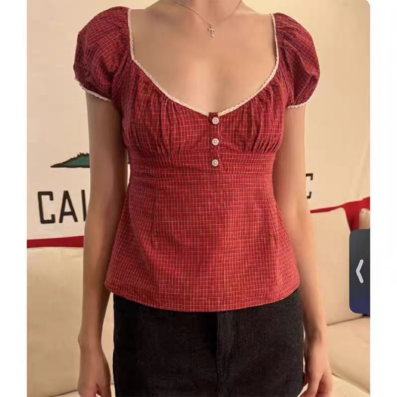 Lace Collar Red Cell Pattern Short Sleeve Shirt Red Plaid - Shop at LoveMi