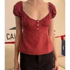 Lace Collar Red Cell Pattern Short Sleeve Shirt - Red Plaid - View 1