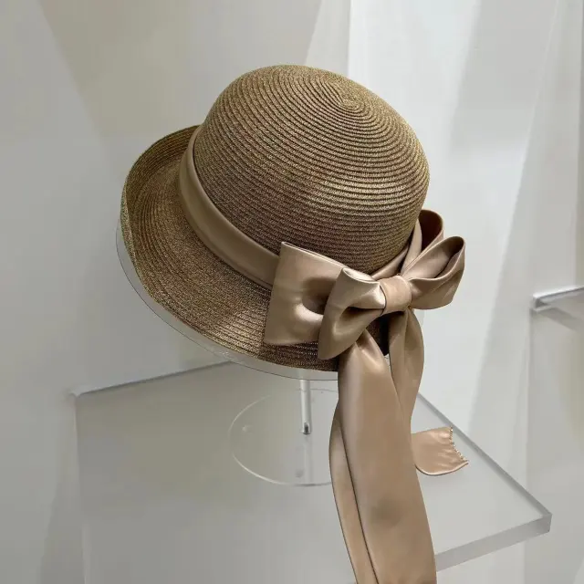 Women's Fashion Simple Large Ribbon Bow Straw Bucket Hat Camel - Shop at LoveMi
