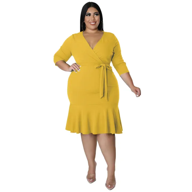 Sexy V Neck Lace Up Bodycon Dress With Ruffled Hem Plus Size Women's Wear Yellow - Shop at LoveMi