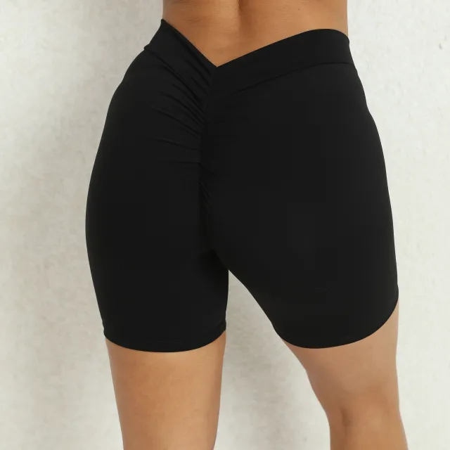 Back Waist Deep V shaped Wrinkle Tight Yoga Shorts Black - Shop at LoveMi