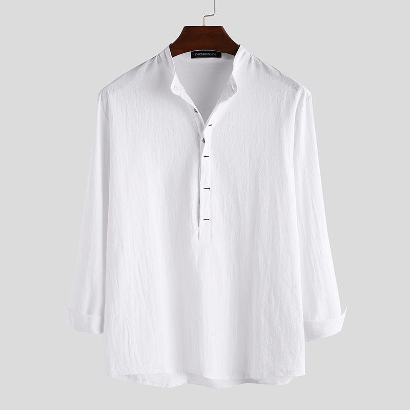 Chinese Style Men's Casual Loose Solid Color Cotton Linen Long Sleeve Blouse