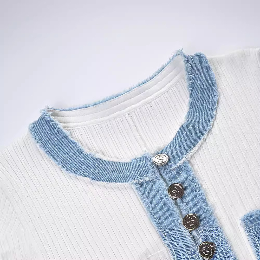 French New Short Sleeve Stitching Denim Knitted Dress