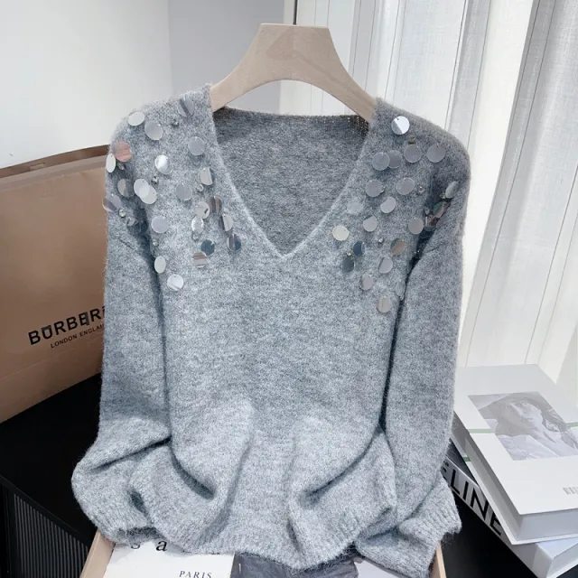 Heavy Embroidery Sequins Diamond V Neck Pullover Lazy Sweater Gray - Shop at LoveMi