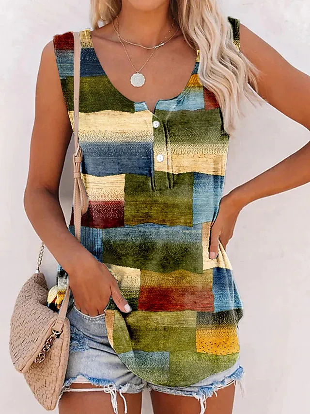 New Striped Printed Button Loose U neck Vest T shirt Green - Shop at LoveMi