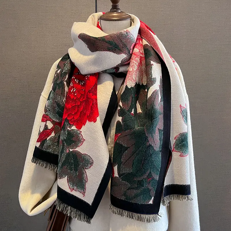 Retro Floral Artificial Cashmere Scarf Women's Thick Warm