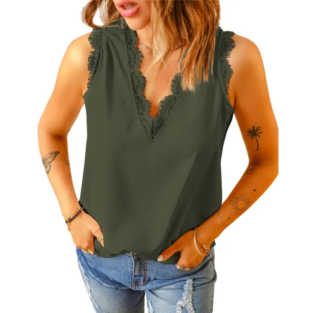 Bottoming Vest T shirt Women's Summer European And American V neck Lace Sleeveless Loose Top 253064 Lc253064 Green - Shop at LoveMi
