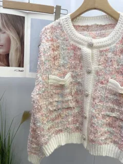Striped Short Style Versatile Round Neck Long Sleeve Knitted Cardigan Sweater Coat Top Women - Pink - View 1