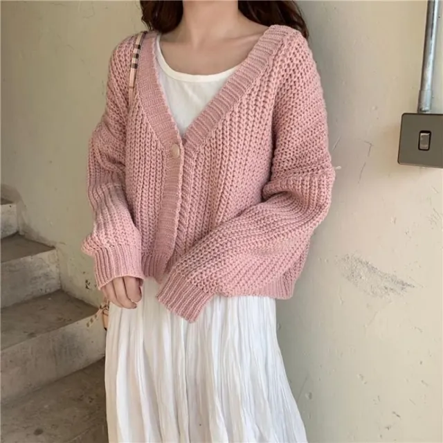 College Style Girls' Tops Loose Outer Wear Short Knitted Cardigan Sweater Pink - Shop at LoveMi