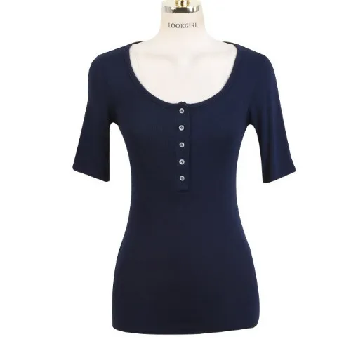Micro Transparent Half open Collar Slim fit Short sleeved T shirt Women's Top Dark Blue - Shop at LoveMi
