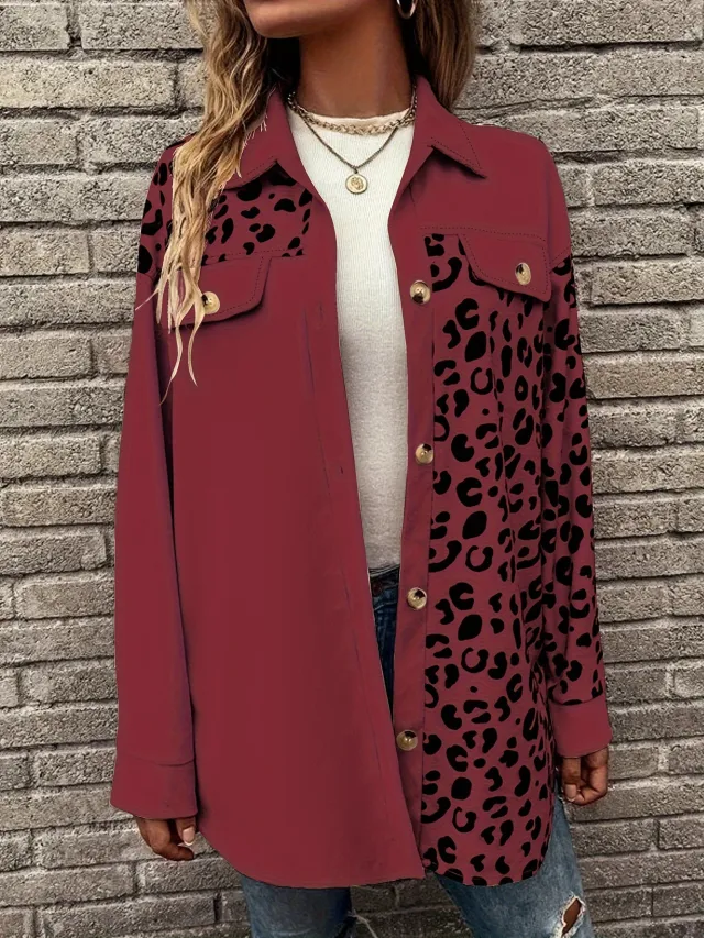 Cardigan Top Women's Autumn And Winter New Leopard Print Single breasted Mid length Jacket Shirt Wine - Shop at LoveMi