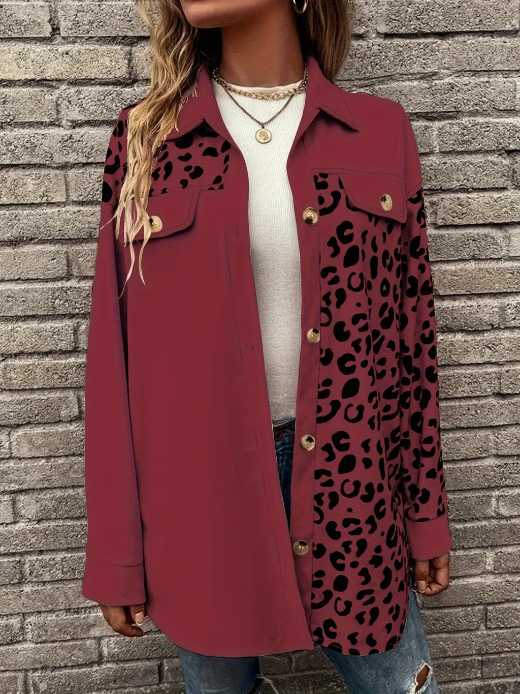 Cardigan Top Women's Autumn And Winter New Leopard Print Single-breasted Mid-length Jacket Shirt - Wine